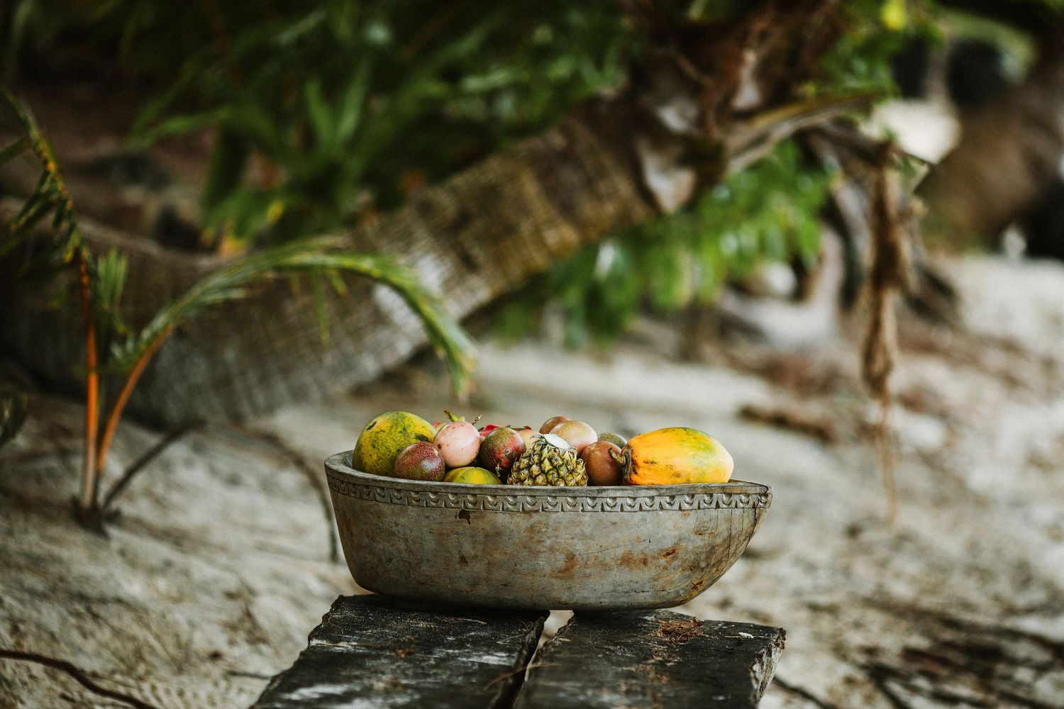 Rustic bowl filled with colorful tropical fruits sitting on wooden surface near green foliage.