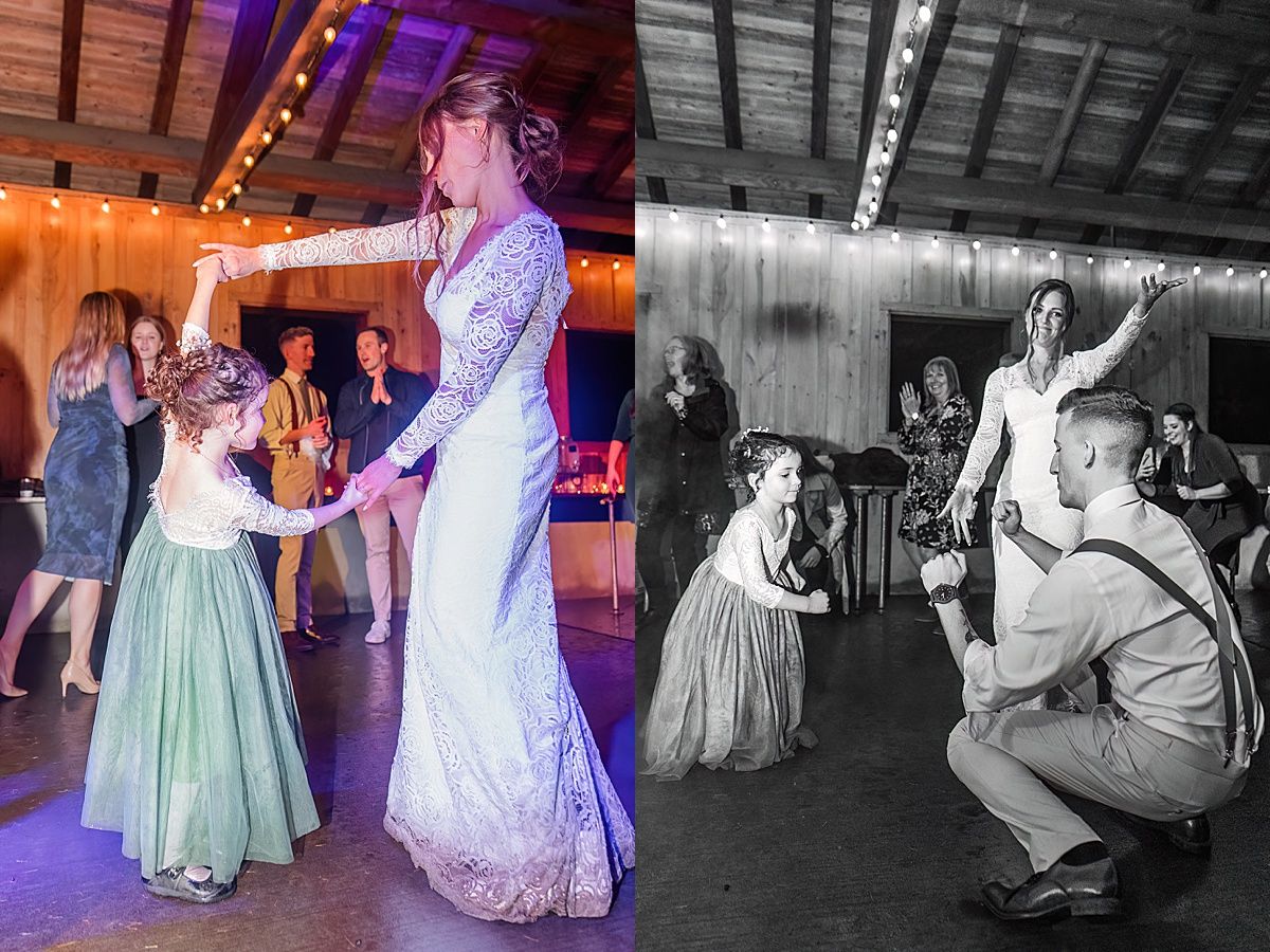 Photography of bride and groom dancing with flower girl ring bearer and other children at wedding reception