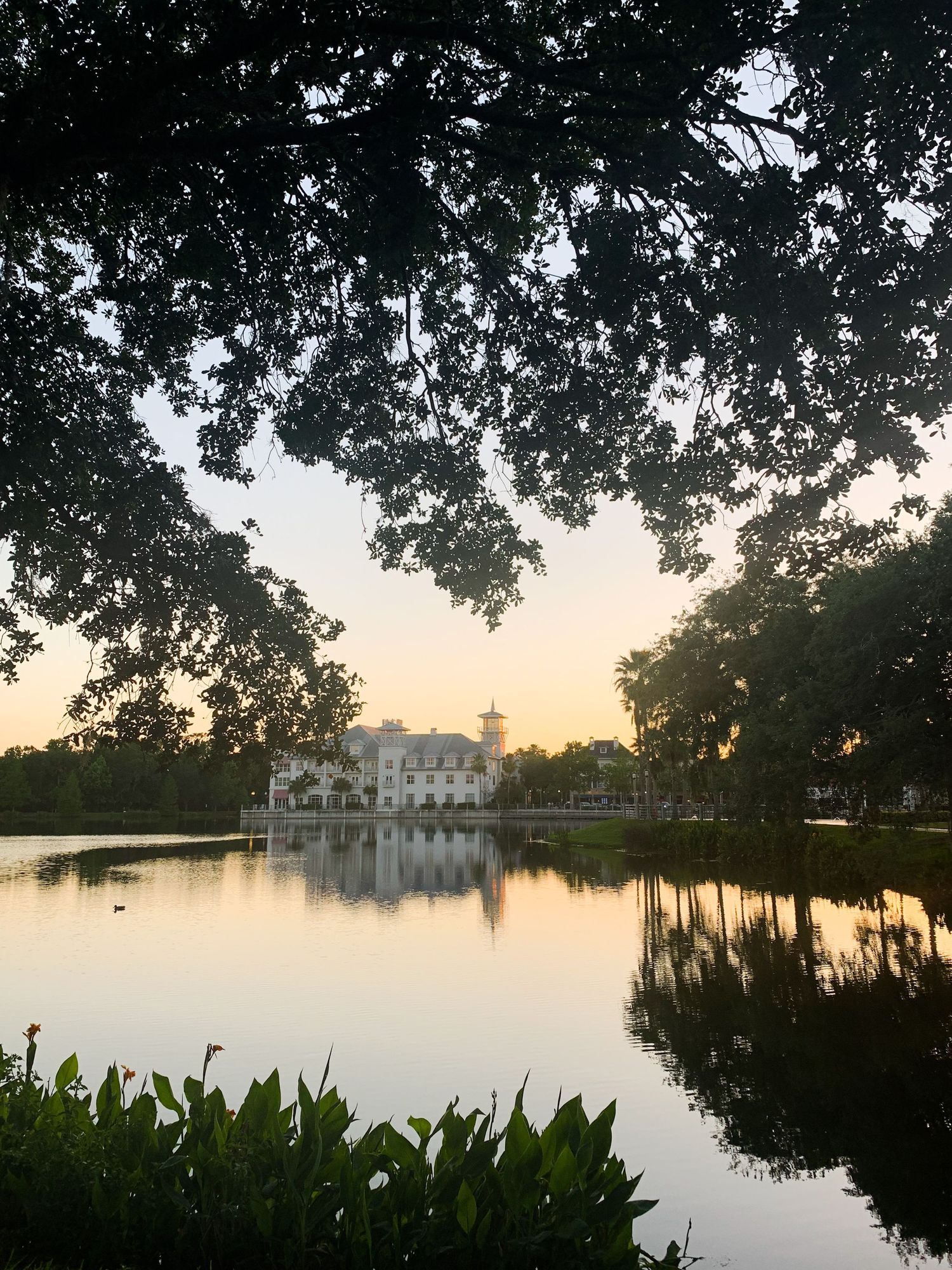 White mansion reflected in still waters at sunset with trees silhouetted in the foreground.