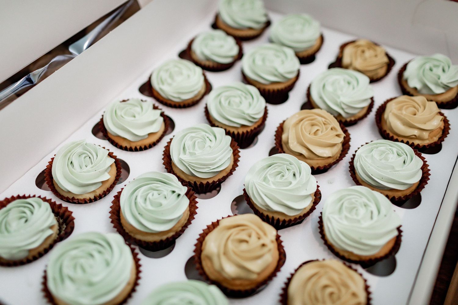 Rows of mint green and tan frosted cupcakes with swirled buttercream tops.