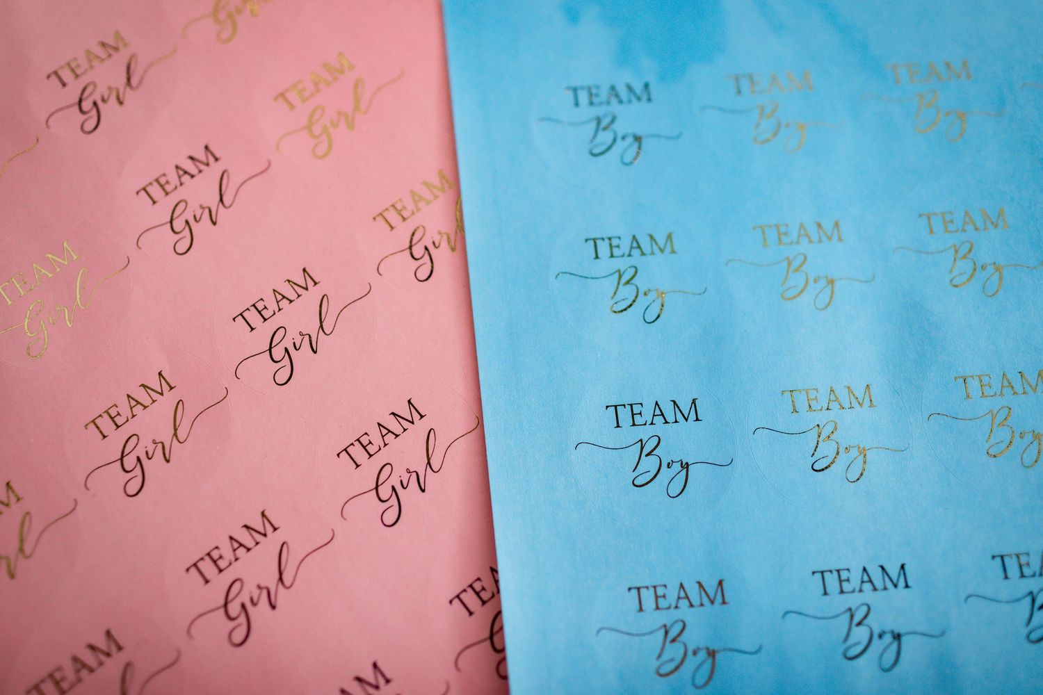 Pink and blue paper with Team Boy text pattern in gold foil print.