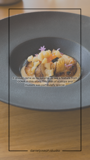 Elegant seafood dish featuring scallops and mussels in a dark ceramic bowl with text overlay.