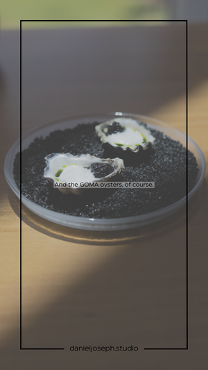 Two Goma oysters presented on a bed of black salt or seasoning.
