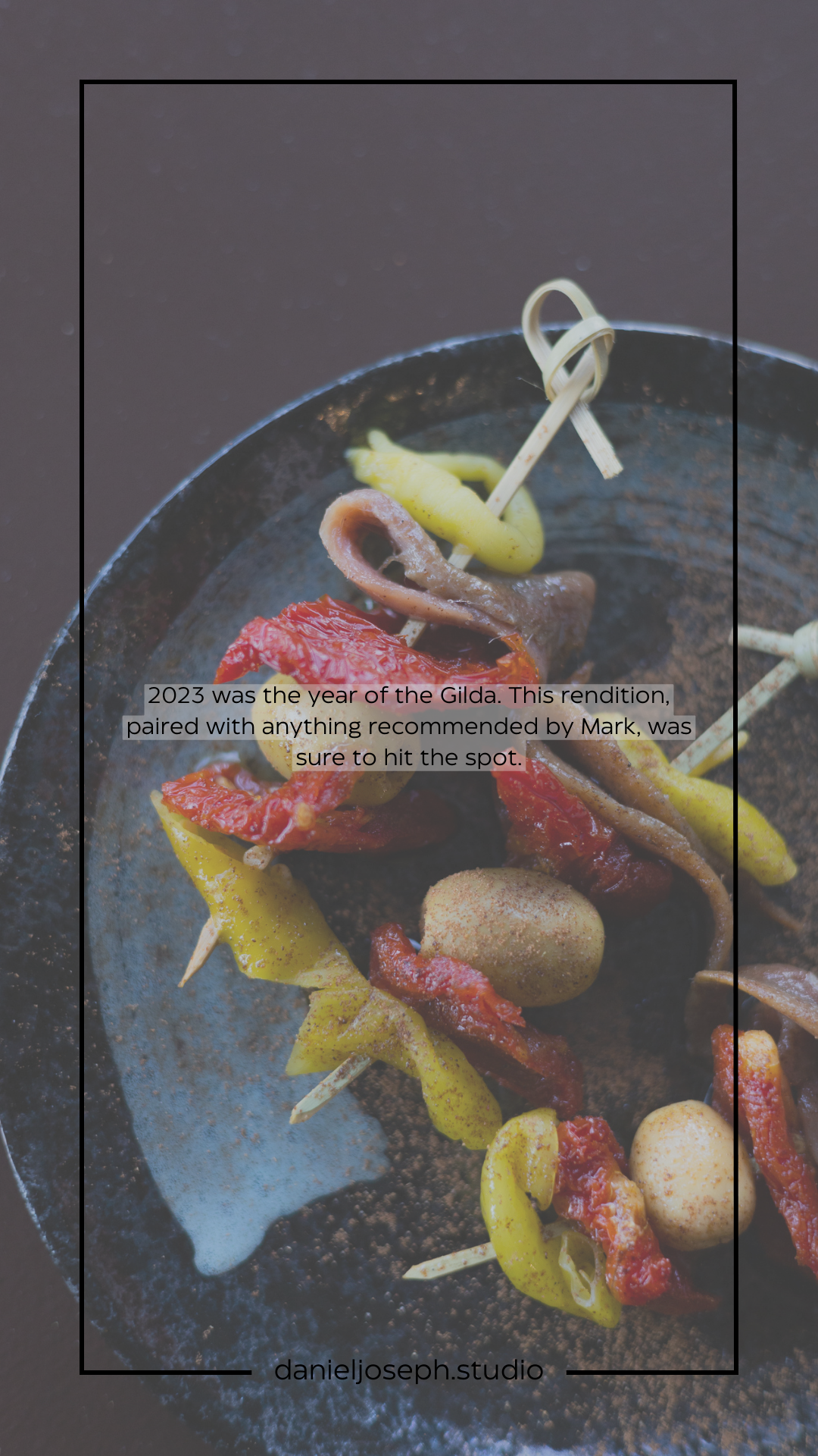Colorful skewered meat and vegetables on a dark plate with text overlay.