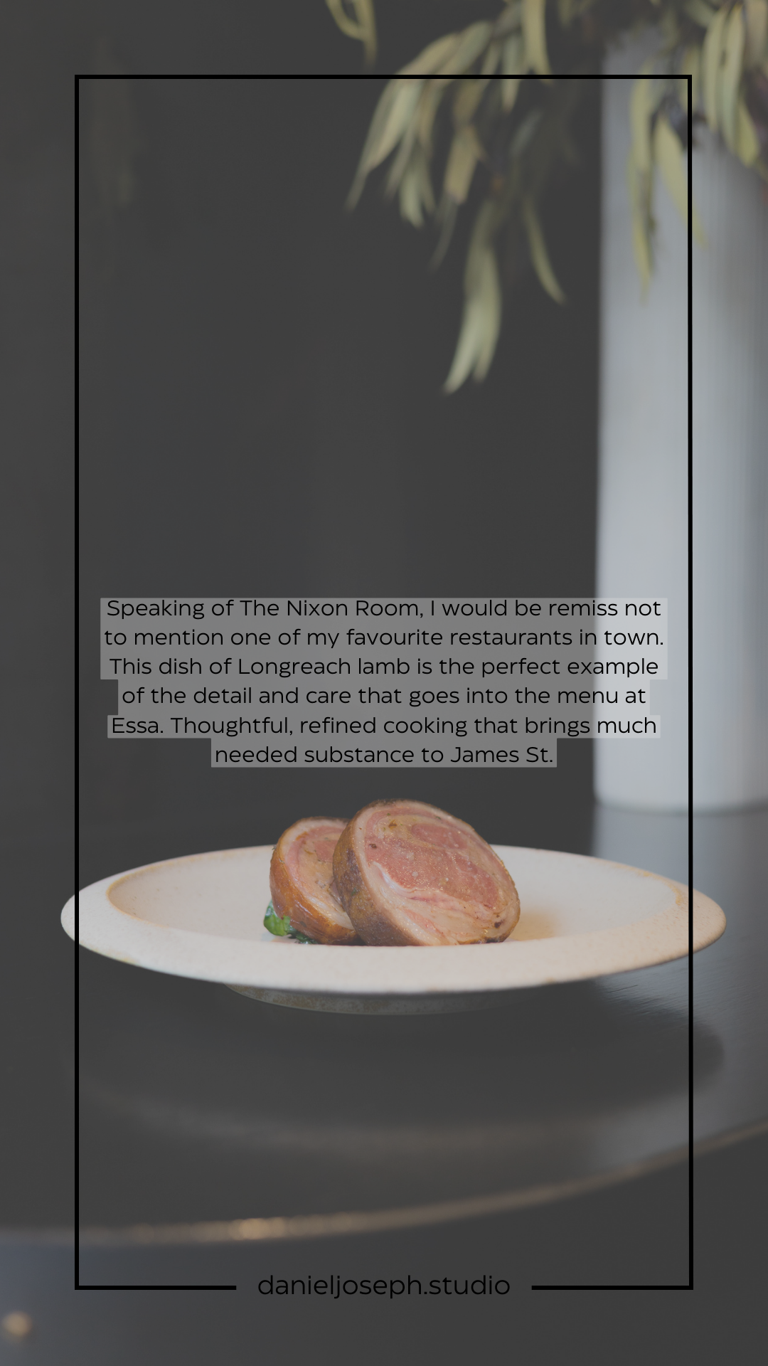 Perfectly cooked Longreach lamb presented on white plate with moody lighting.
