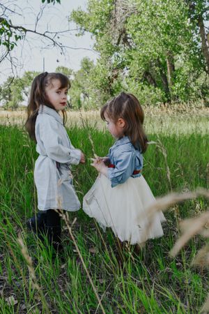 Two young girls in dresses interacting playfully in lush green meadow.