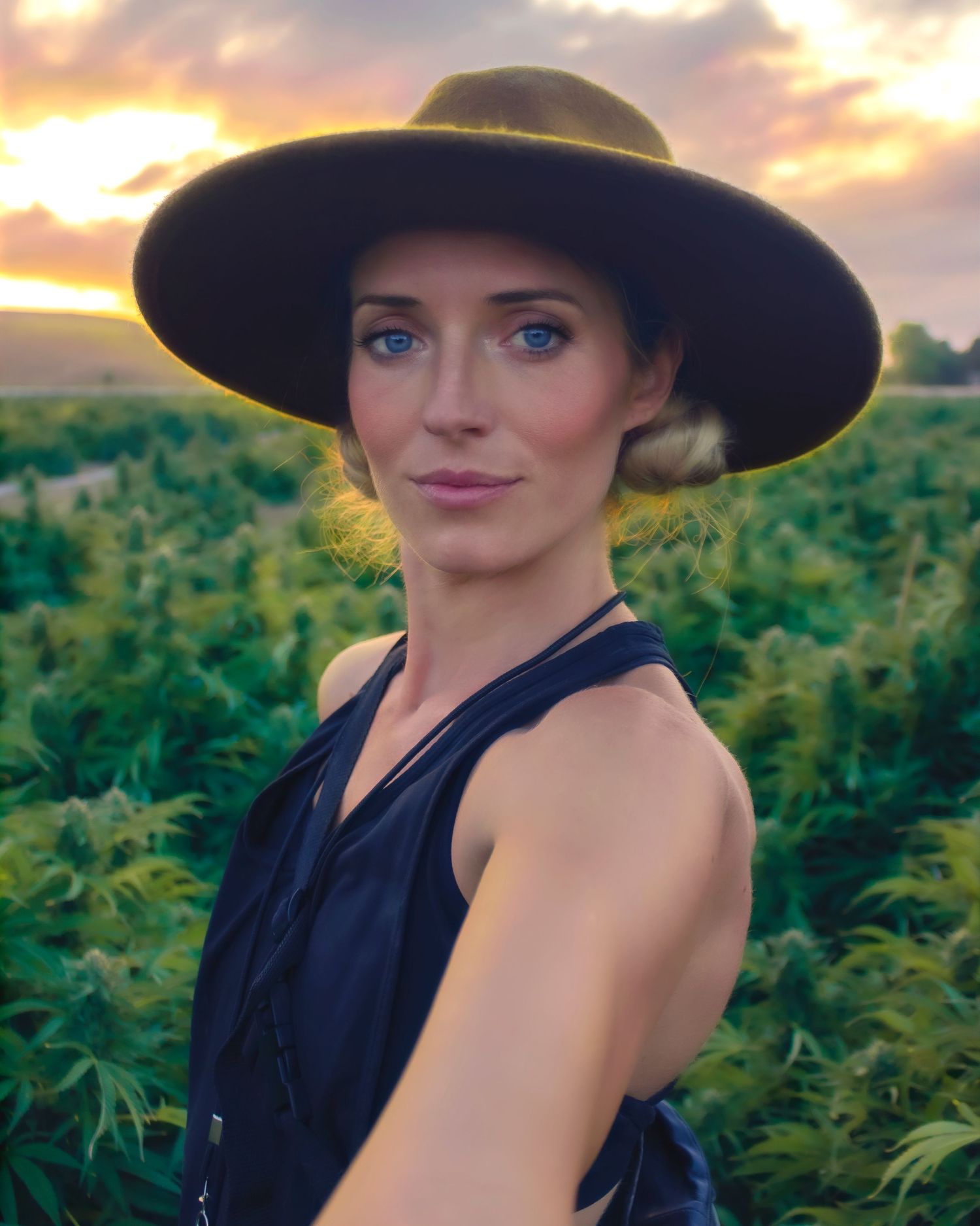Woman wearing wide-brim hat standing in lush cannabis field at golden sunset hour.