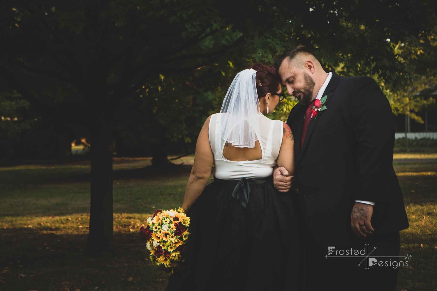 Wedding photography, bride and groom with heads together.