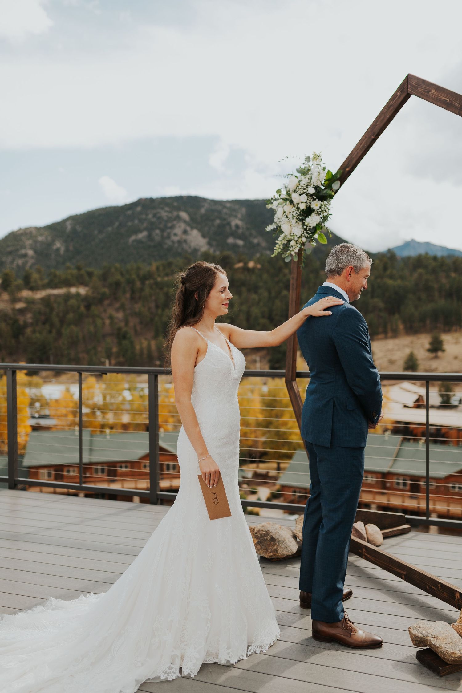Bride and father first look Estes Park, Colorado wedding photographer