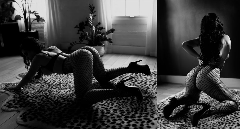 Two artistic boudoir photos in black and white featuring a person posing on a leopard print rug.