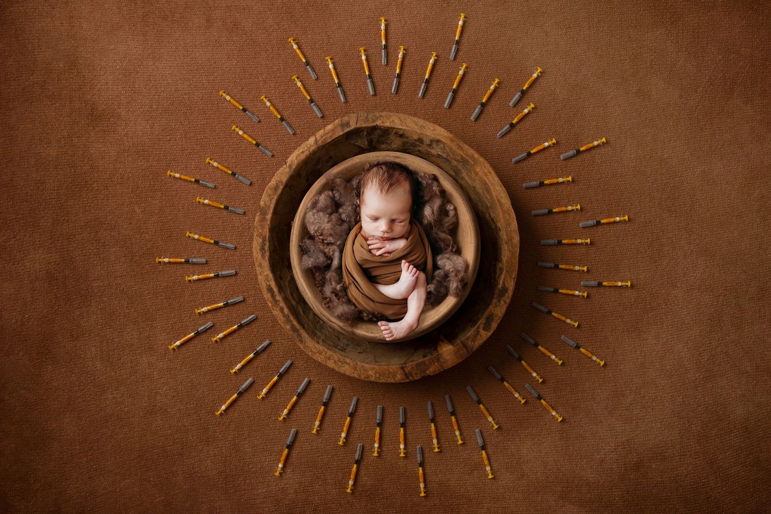 Sleeping newborn baby in brown basket surrounded by decorative golden sunburst design.