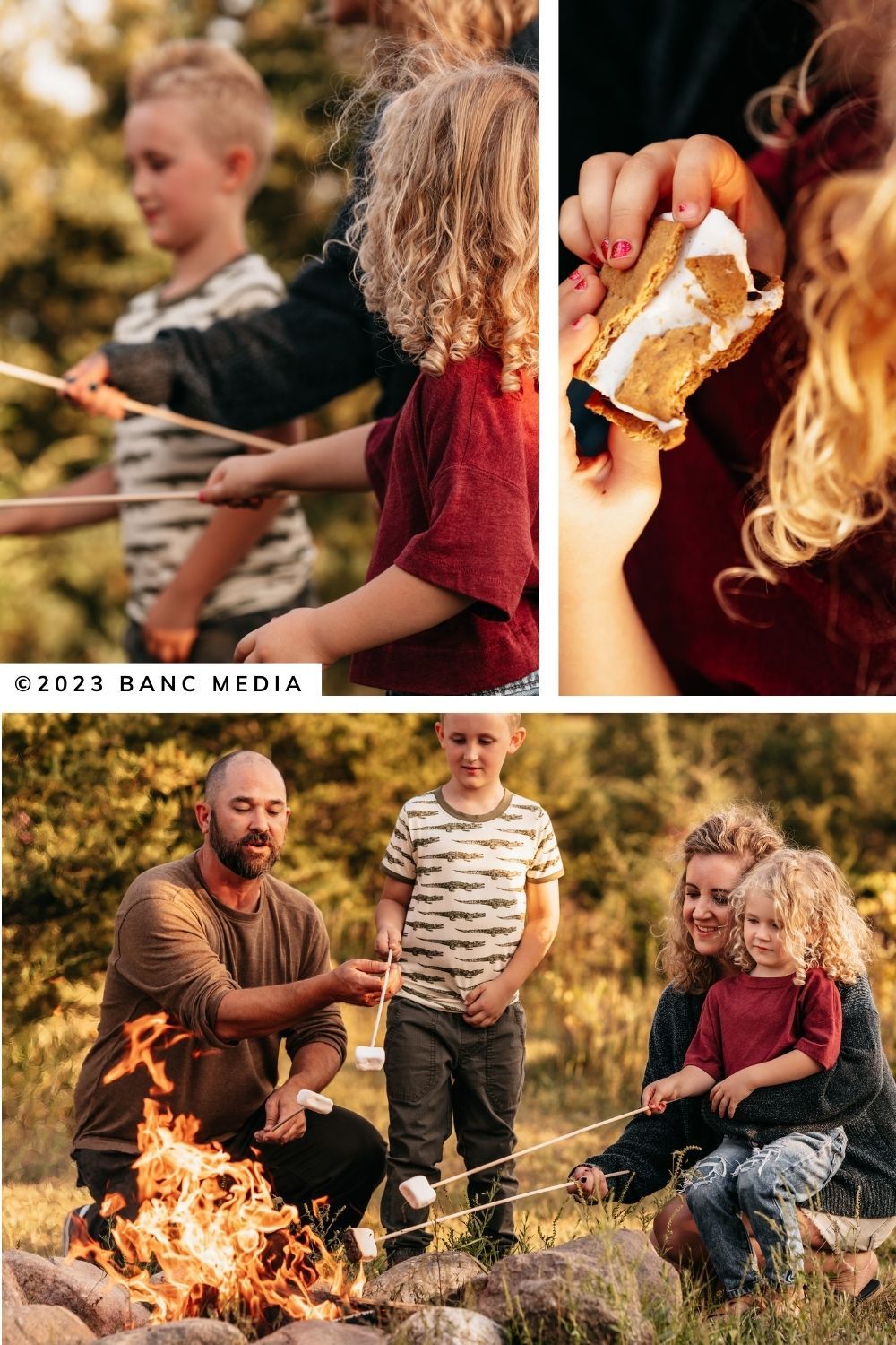 Collage of 3 photos taken in Jordan, MN show a family eating s'mores as a concept for family photo ideas in the Twin Cities