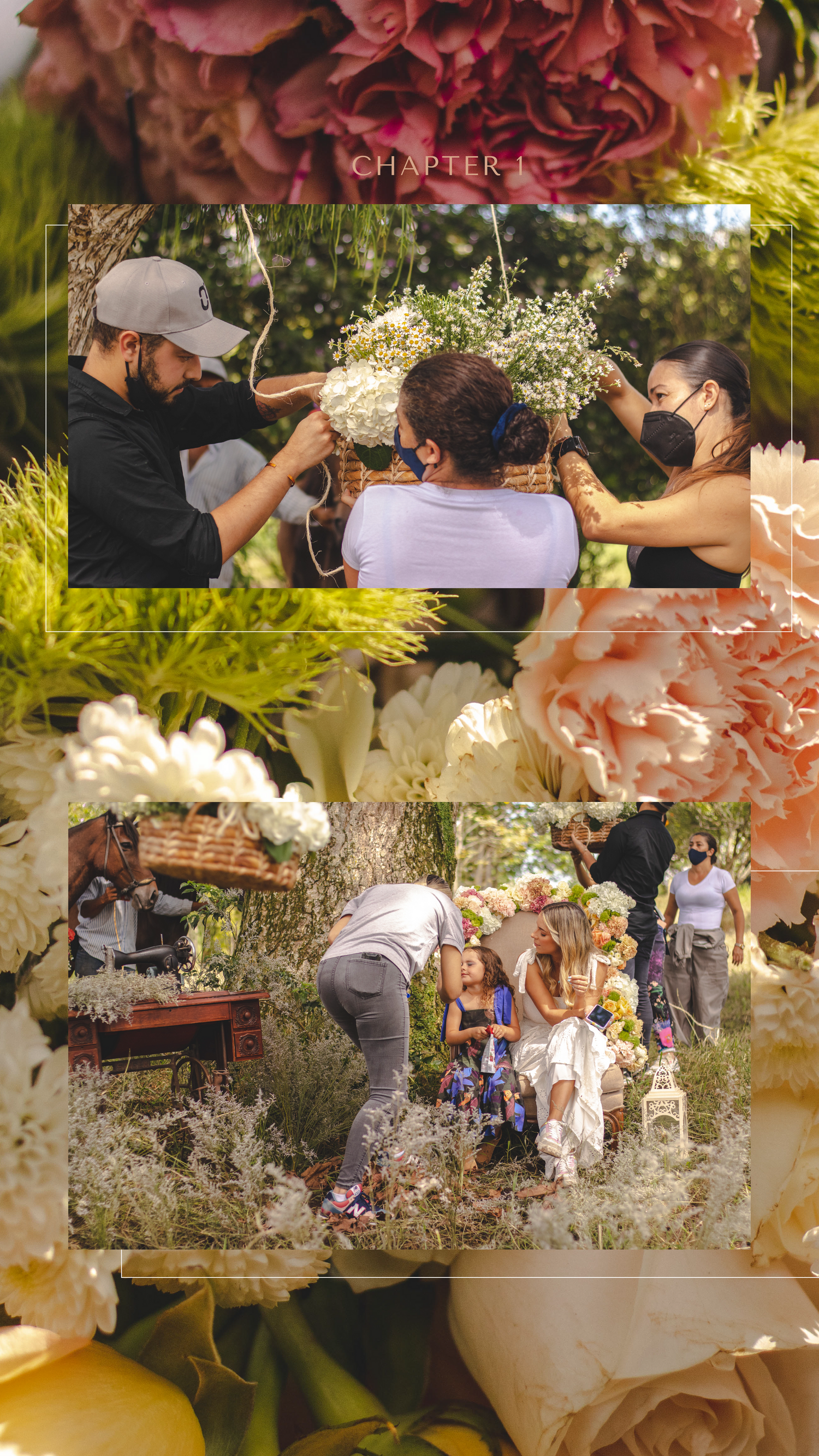 Behind-the-scenes photo shoot in a garden setting with floral overlays and decorative elements.