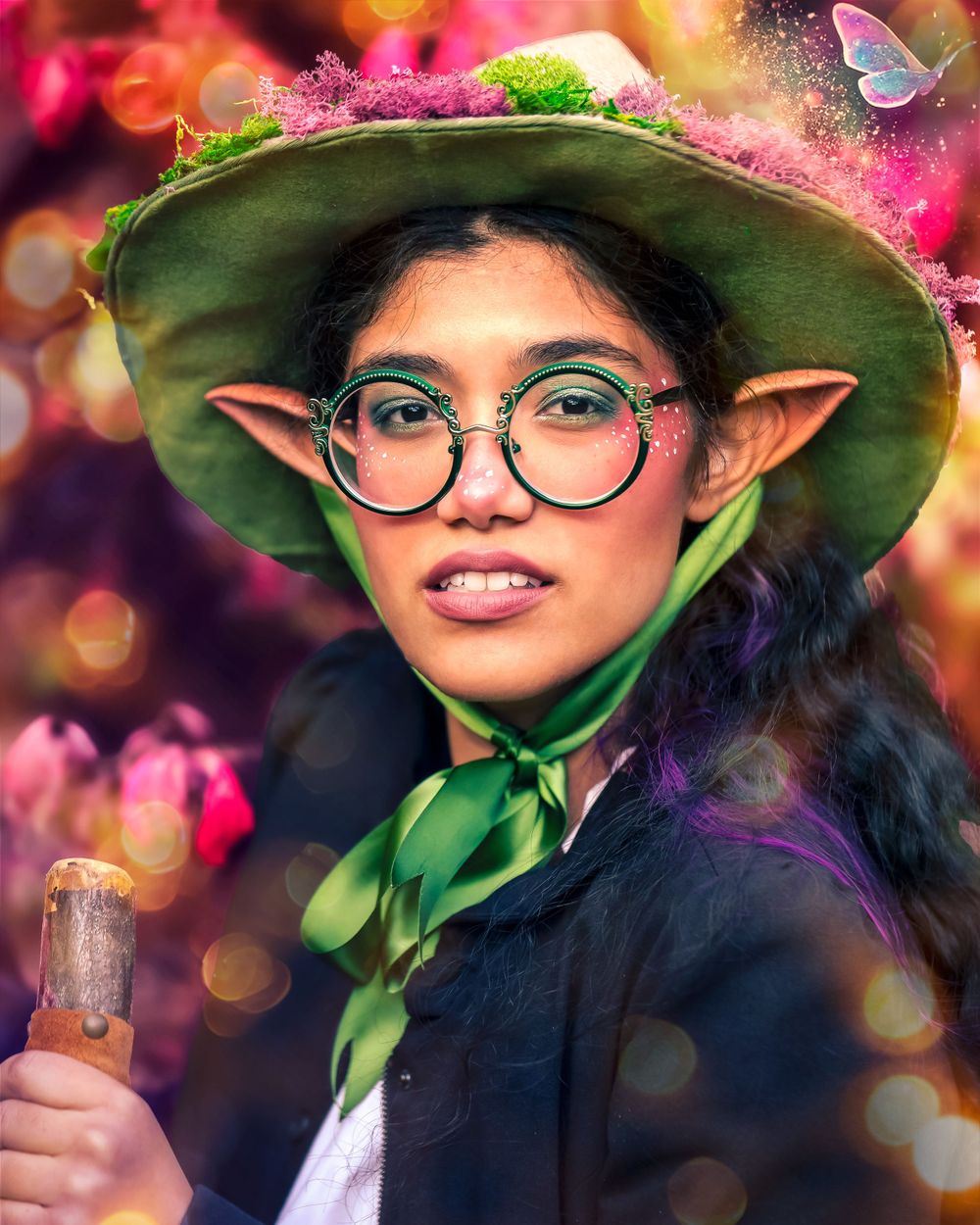 Woman dressed as a forest elf with pointed ears, green hat, round glasses, and a wand in a floral setting.