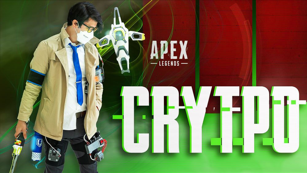 Crypto cosplay promotional image from Apex Legends featuring a cosplayer in a tan jacket.
