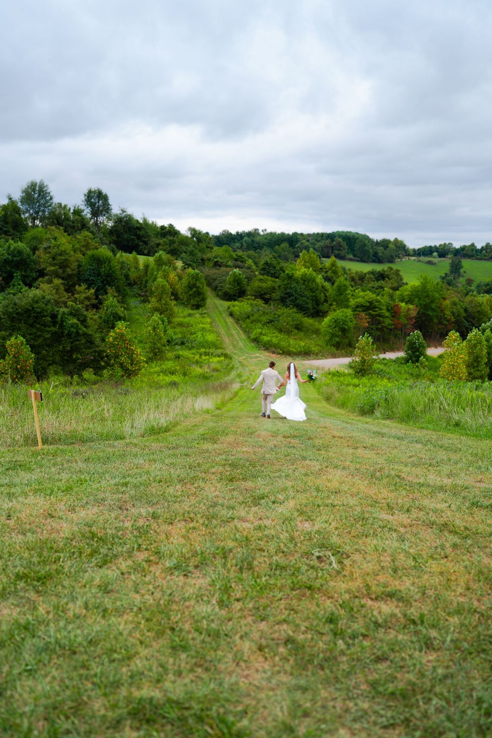 A scenic view of a grassy hillside path during a wedding celebration.