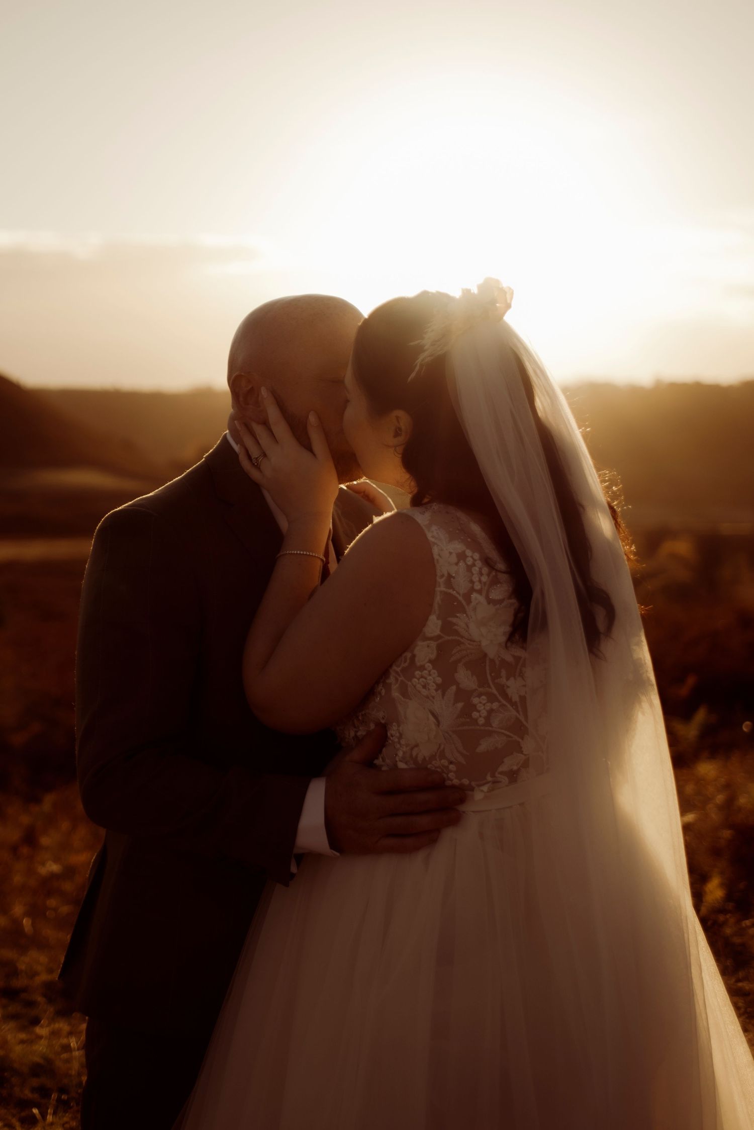 Bride and groom at sunset in the yorkshire dales.
