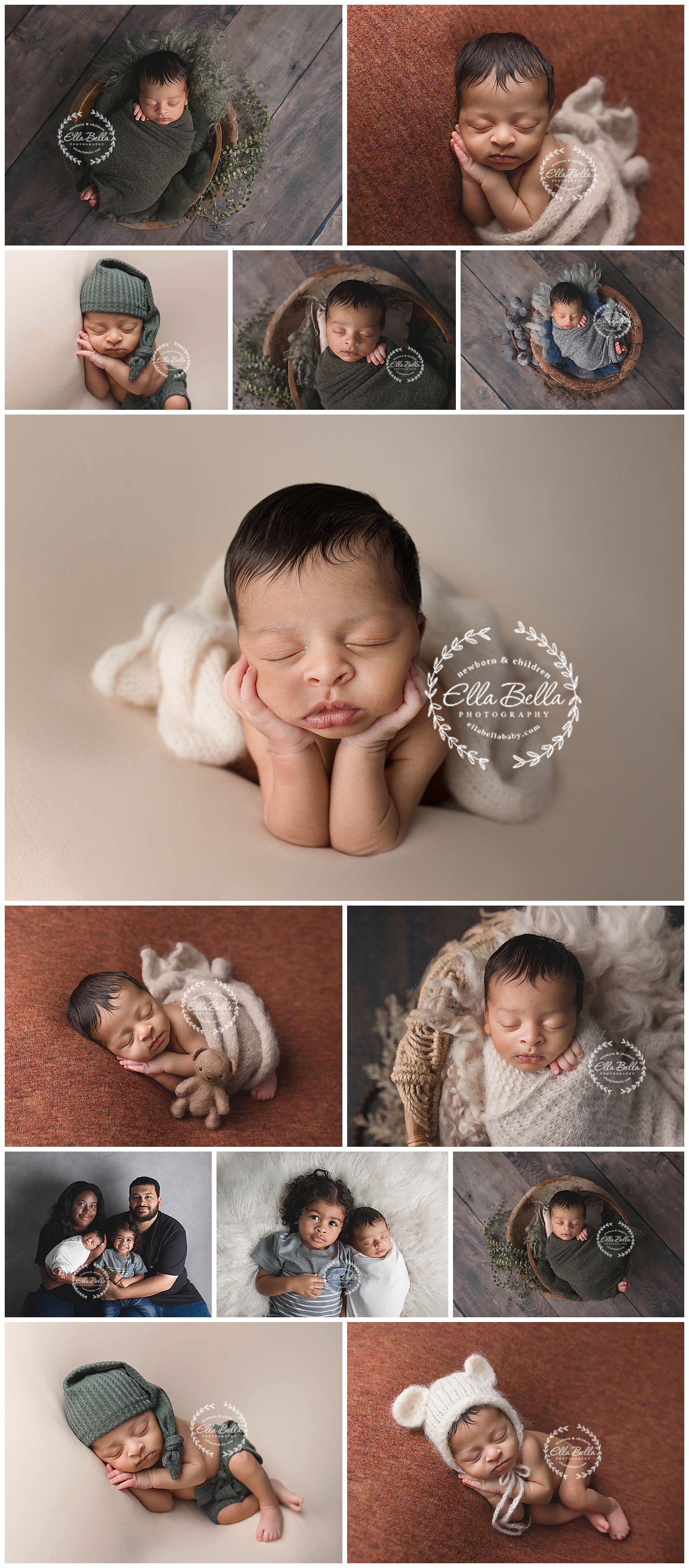 Collection of professional newborn photography poses showing peaceful sleeping baby in various settings with props and blankets.