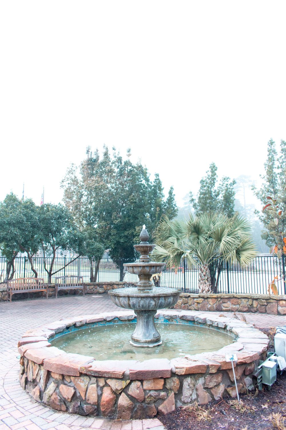 Stone fountain with tiered basin in garden setting with palm trees.