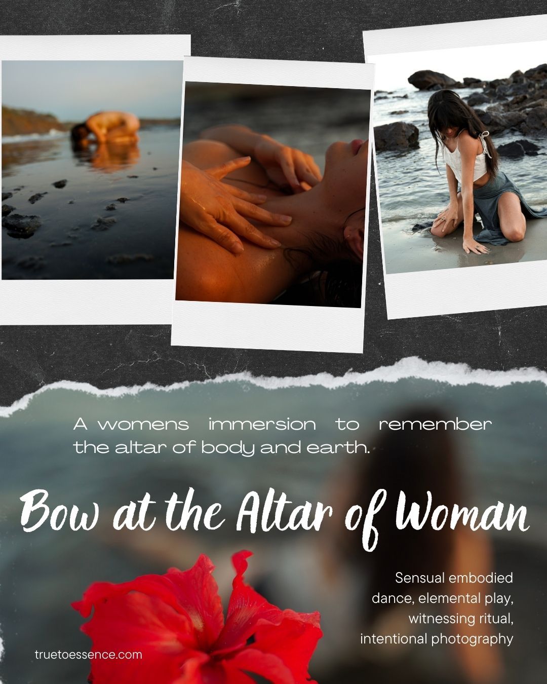 Artistic collage featuring seaside photos and red flower with text about feminine ritual and dance.