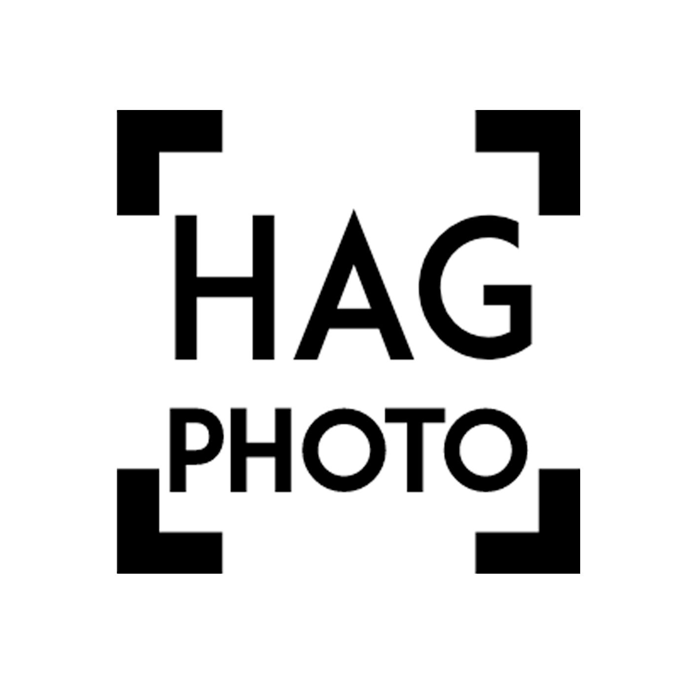 Black and white HAG PHOTO logo design with corner brackets.