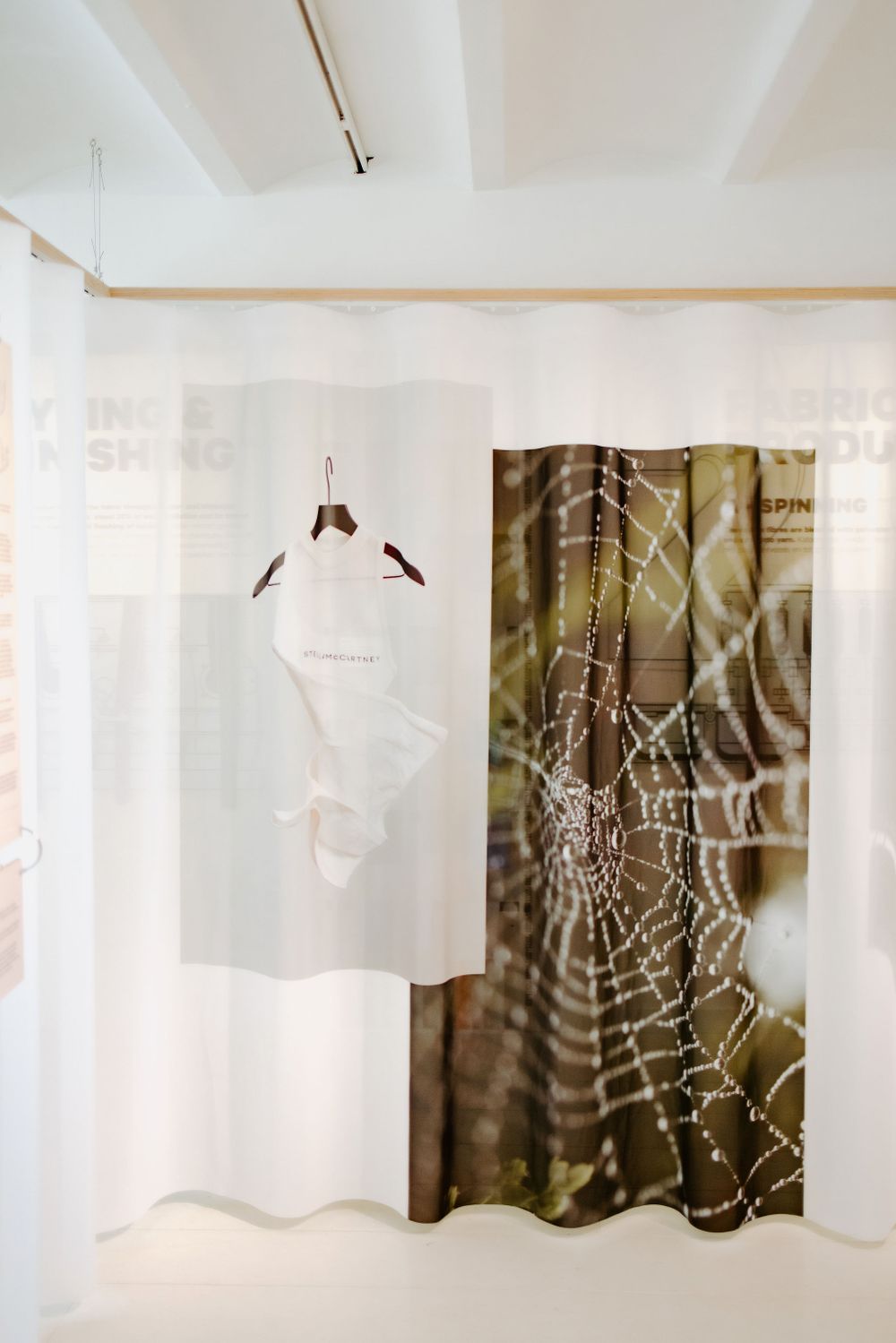 Gallery installation featuring translucent panels with spider web imagery and nature photography.