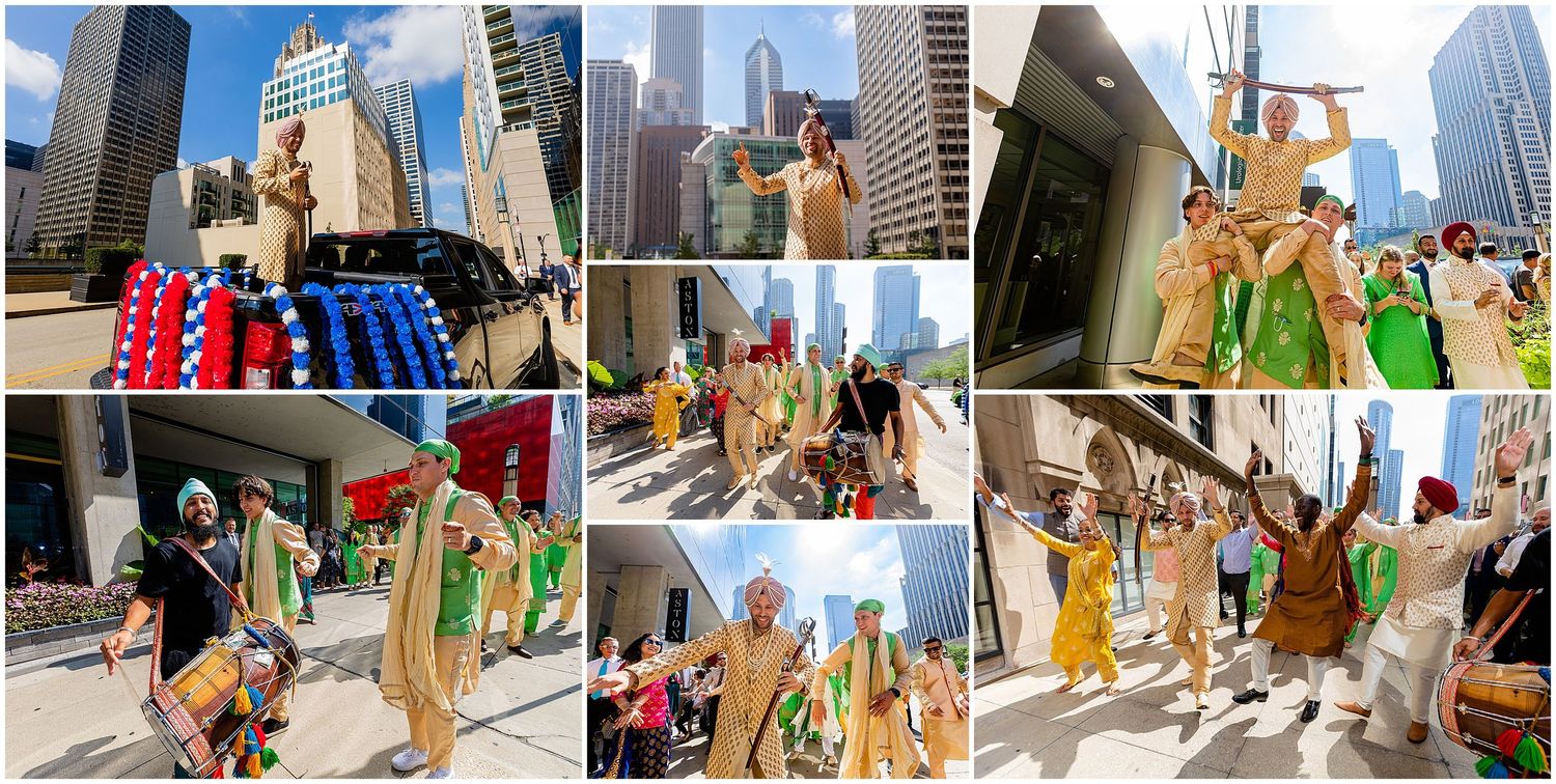 Series of wedding photos featuring city skyline and celebrations in urban setting.