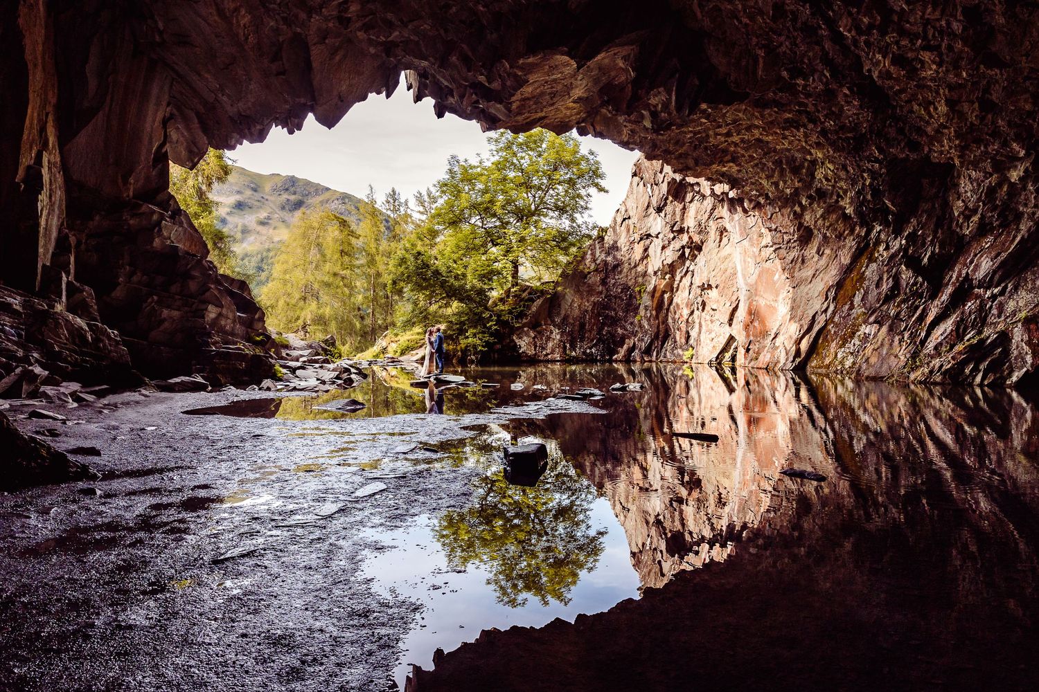 Elopement Wedding Photography in the Lake District, Bride and groom inside Rydal Caves