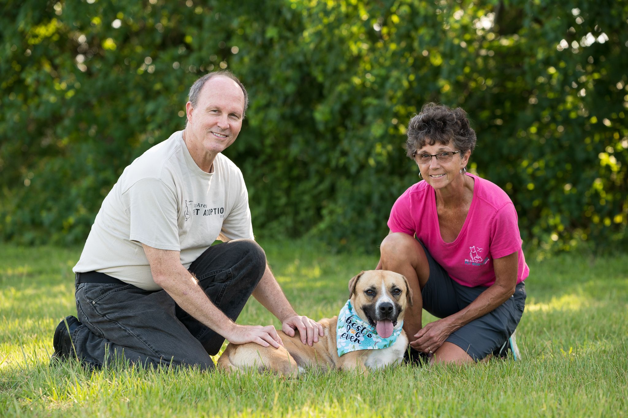 A friendly dog wearing a bandana relaxes on the grass with companions.