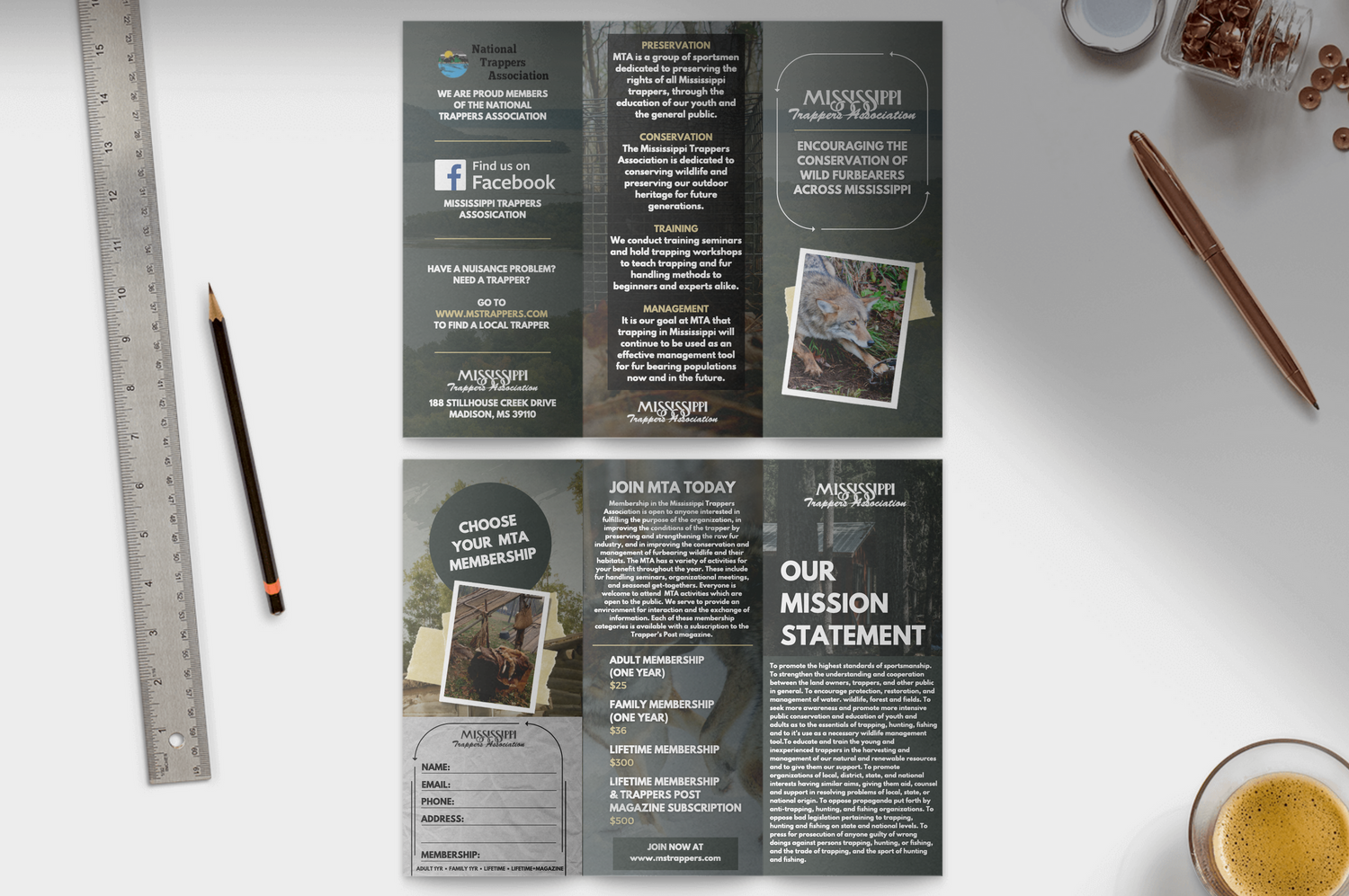 An overhead view of an open brochure with marketing materials and office supplies.