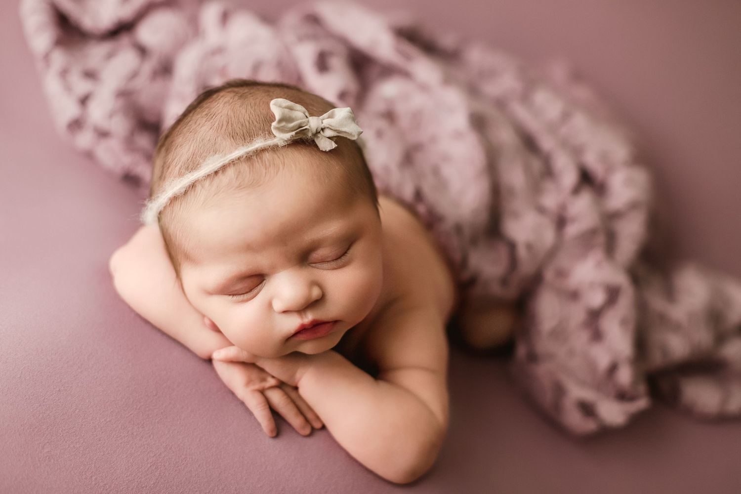 Newborn baby girl portrait in studio in purple with lace and headband