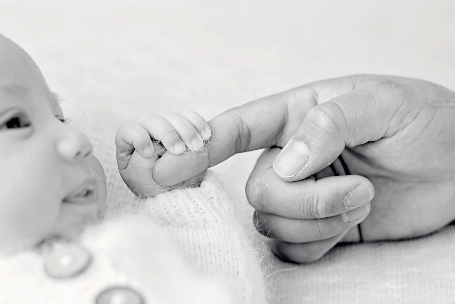 Black and white image of small infant hand being tenderly held by adult fingers.