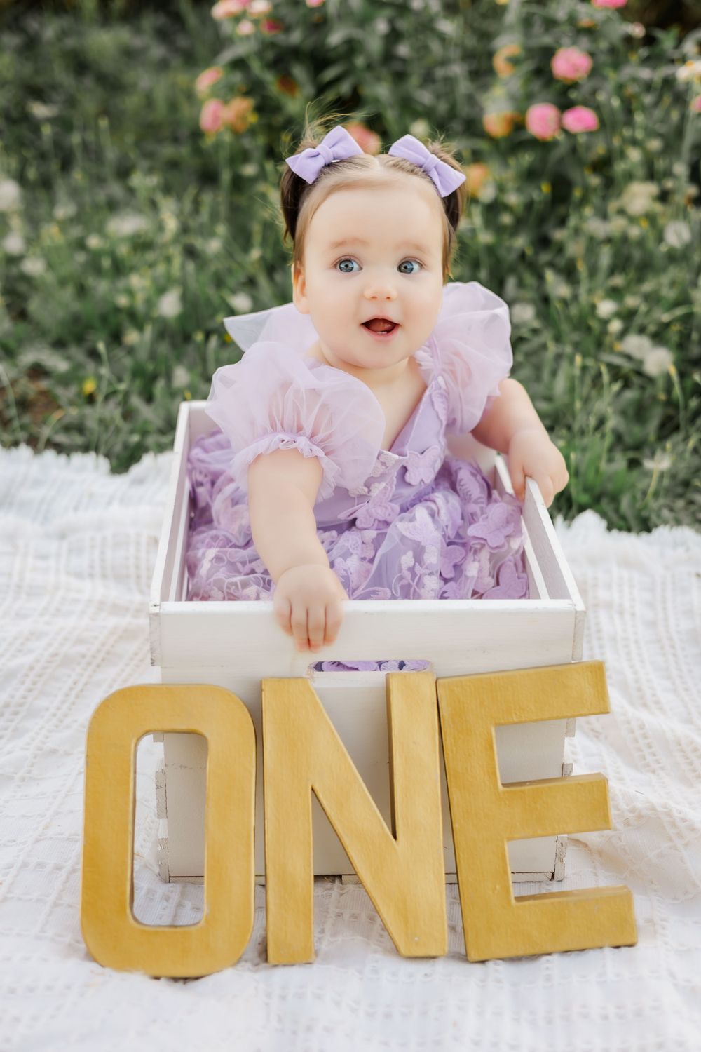 baby's first birthday milestone session. baby sitting in basket with gold letters spelling "one" in a garden. Sonoma County