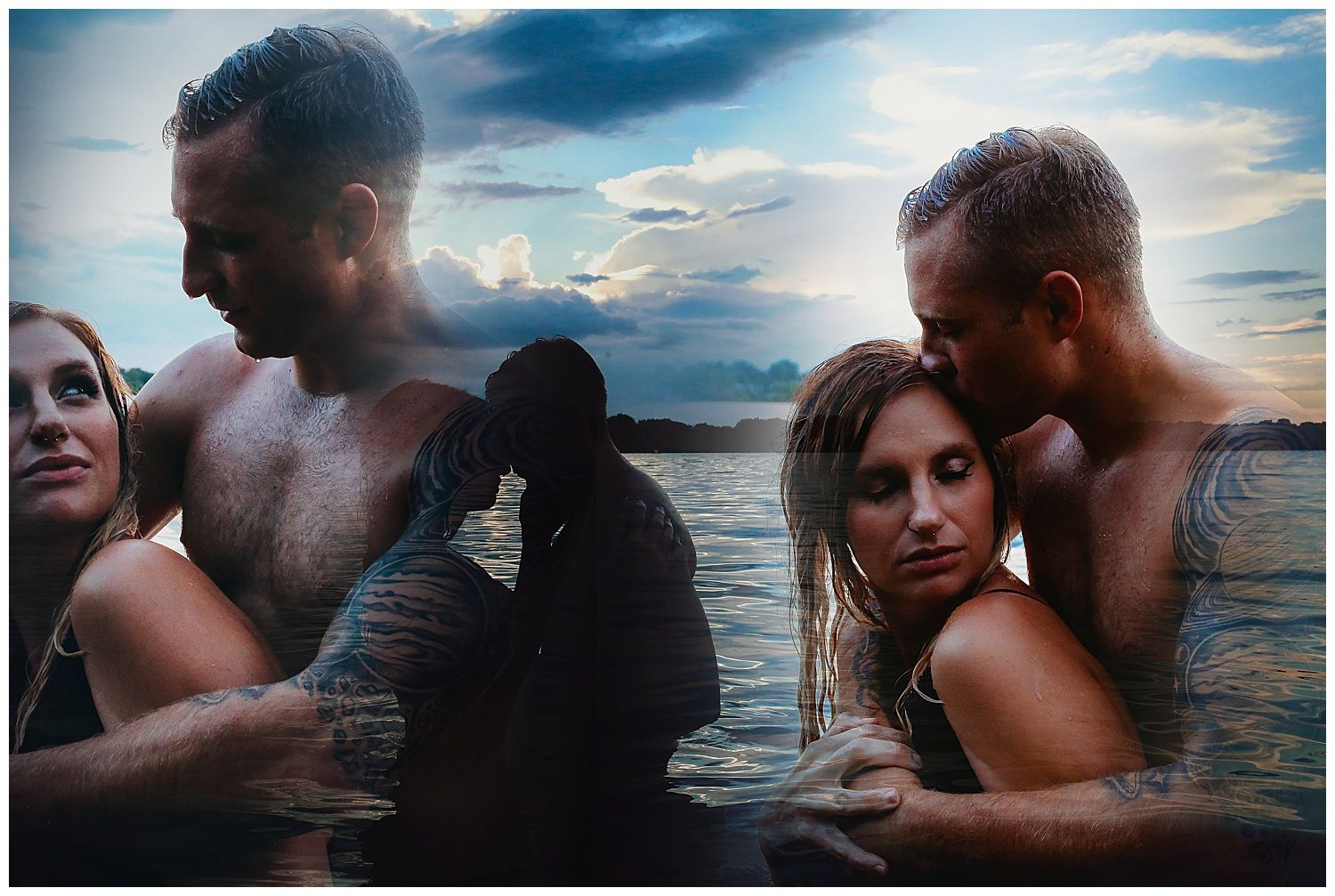 Romantic couple embracing in water against dramatic sunset sky and cloudy backdrop.
