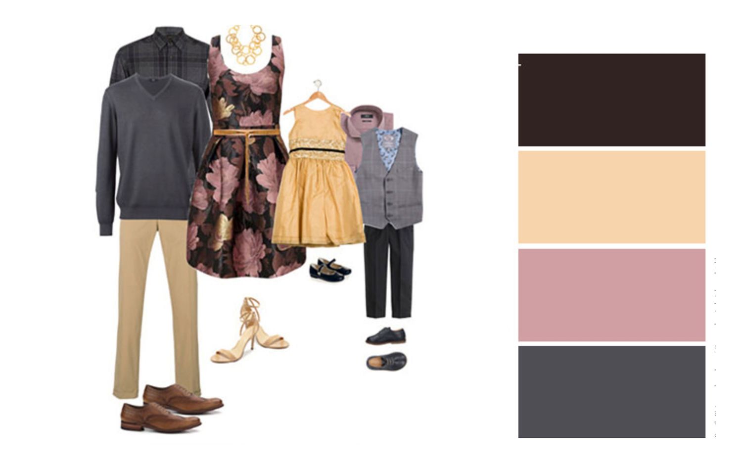 Coordinated family clothing choices in black, pink and tan with complementary color scheme.