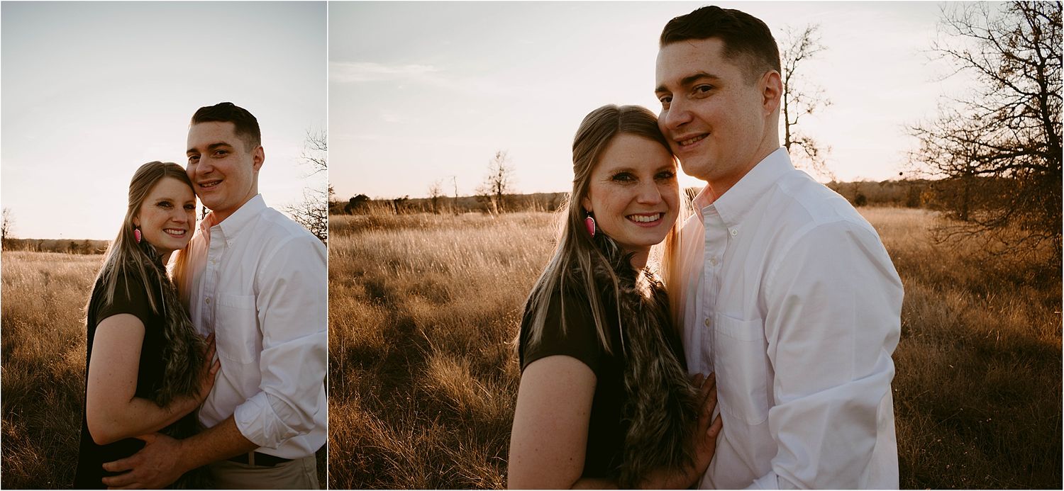 Romantic couple poses for close-up portraits in warm evening light.