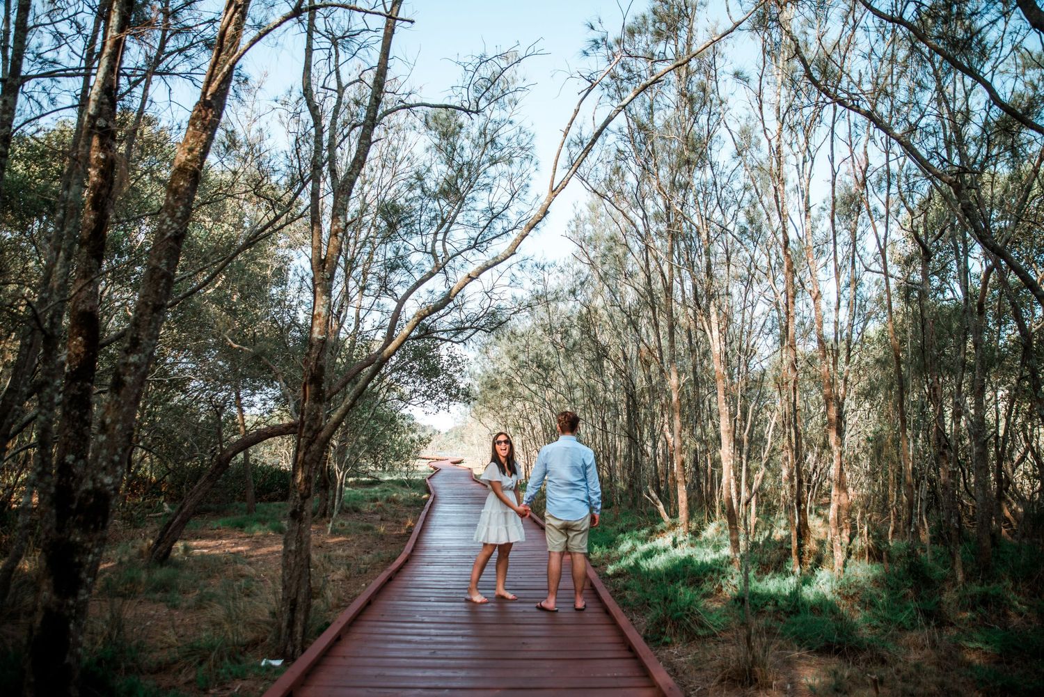 A couple walks hand in hand along a curved wooden boardwalk through a eucalyptus forest.