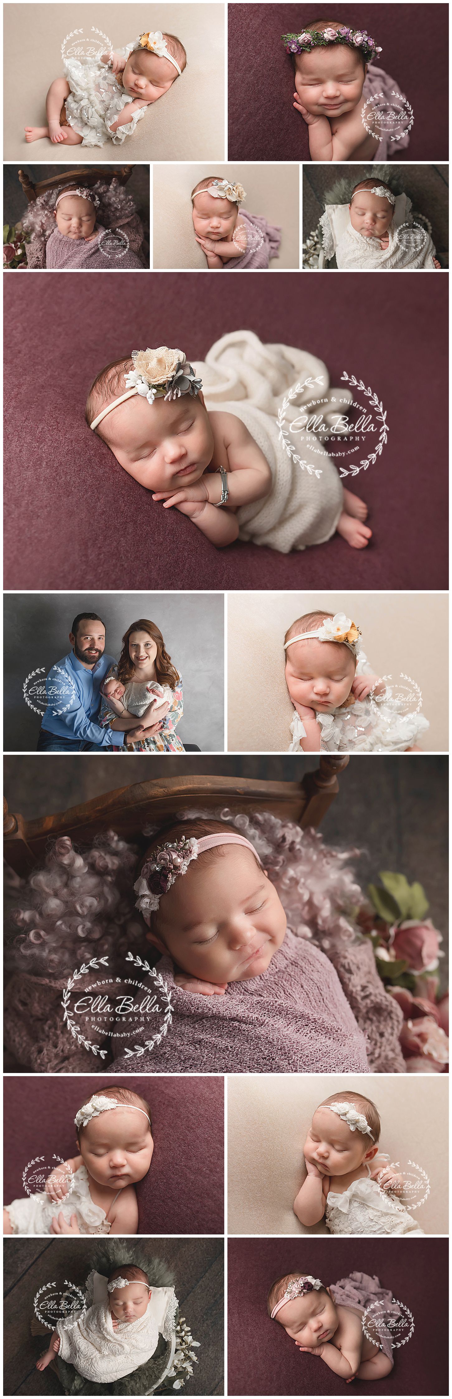 Collection of artistic newborn portraits featuring white lace wraps and floral accessories.