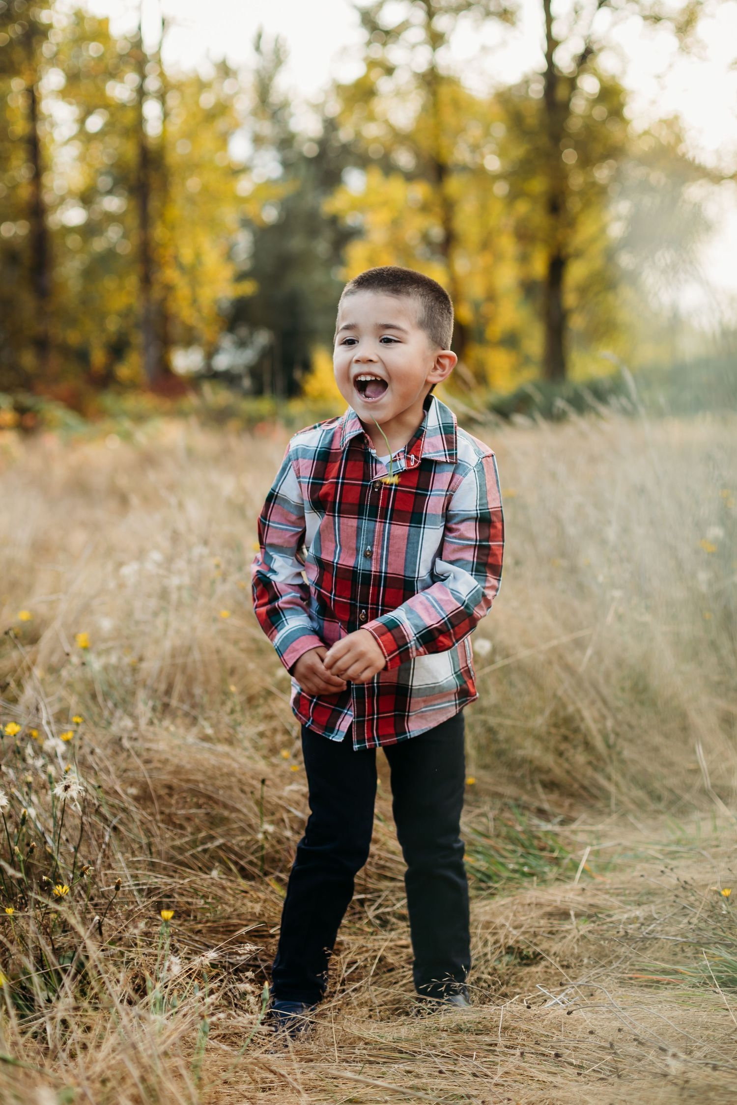 Candid laughter from child wearing plaid shirt in autumn field setting.