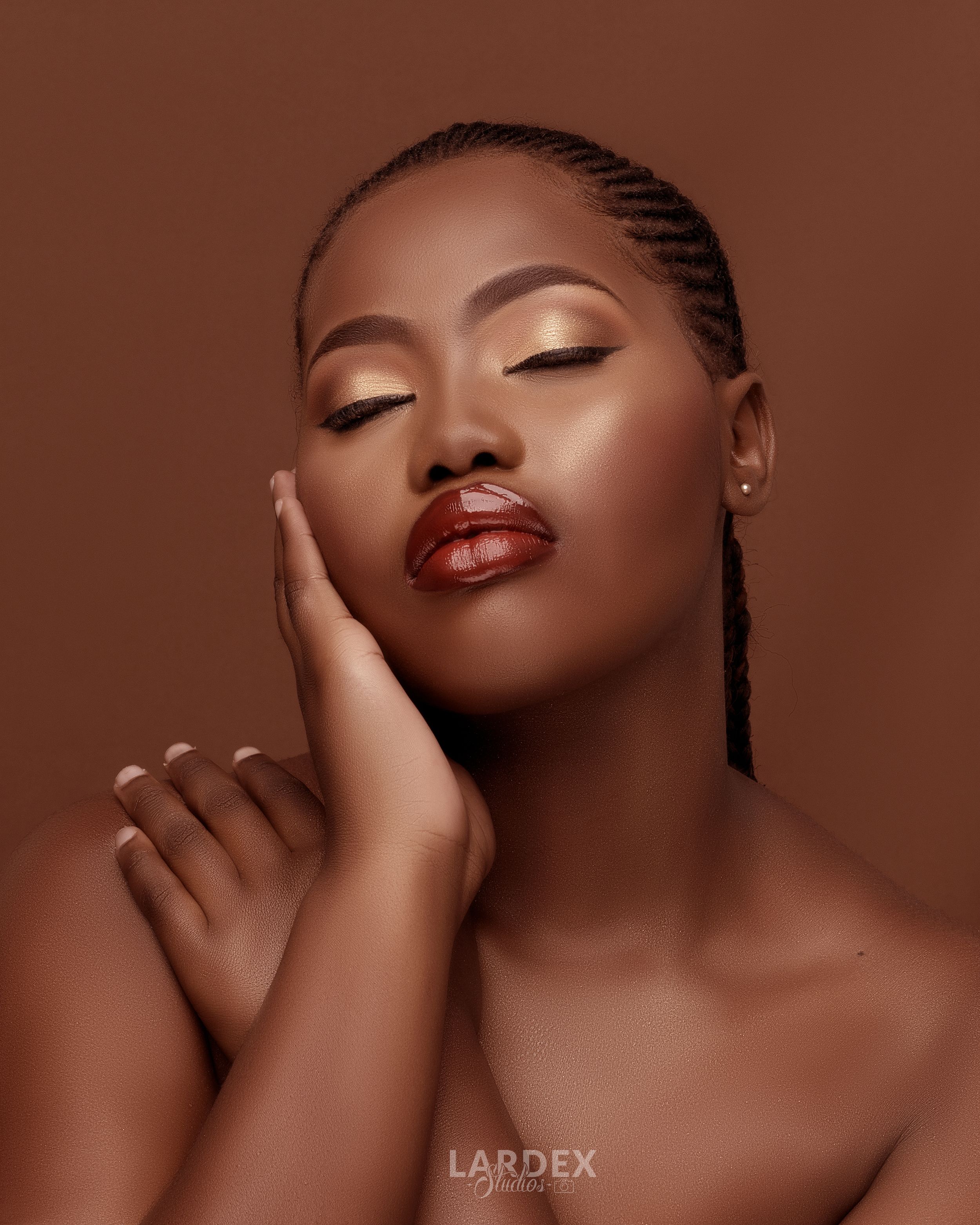 Close-up beauty portrait showcasing flawless makeup and braided hairstyle.
