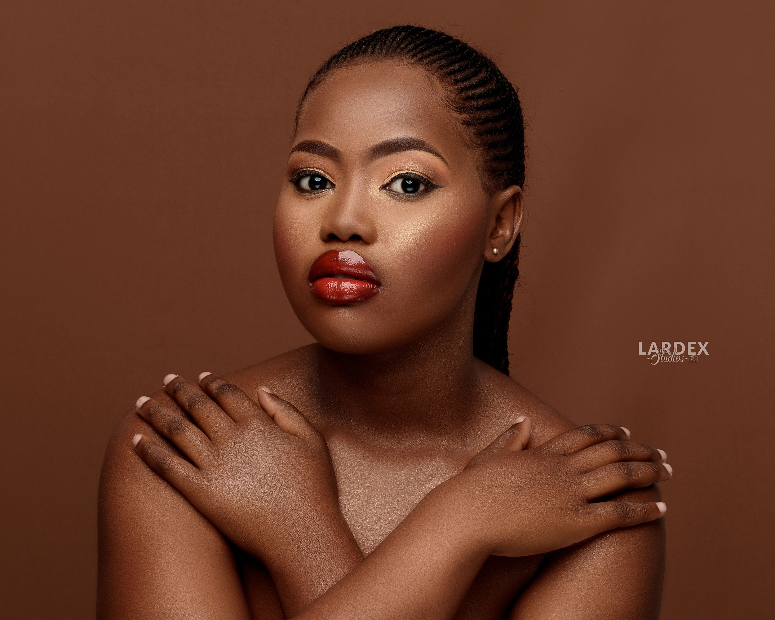 Professional beauty portrait against brown background showcasing elegant makeup and graceful pose.
