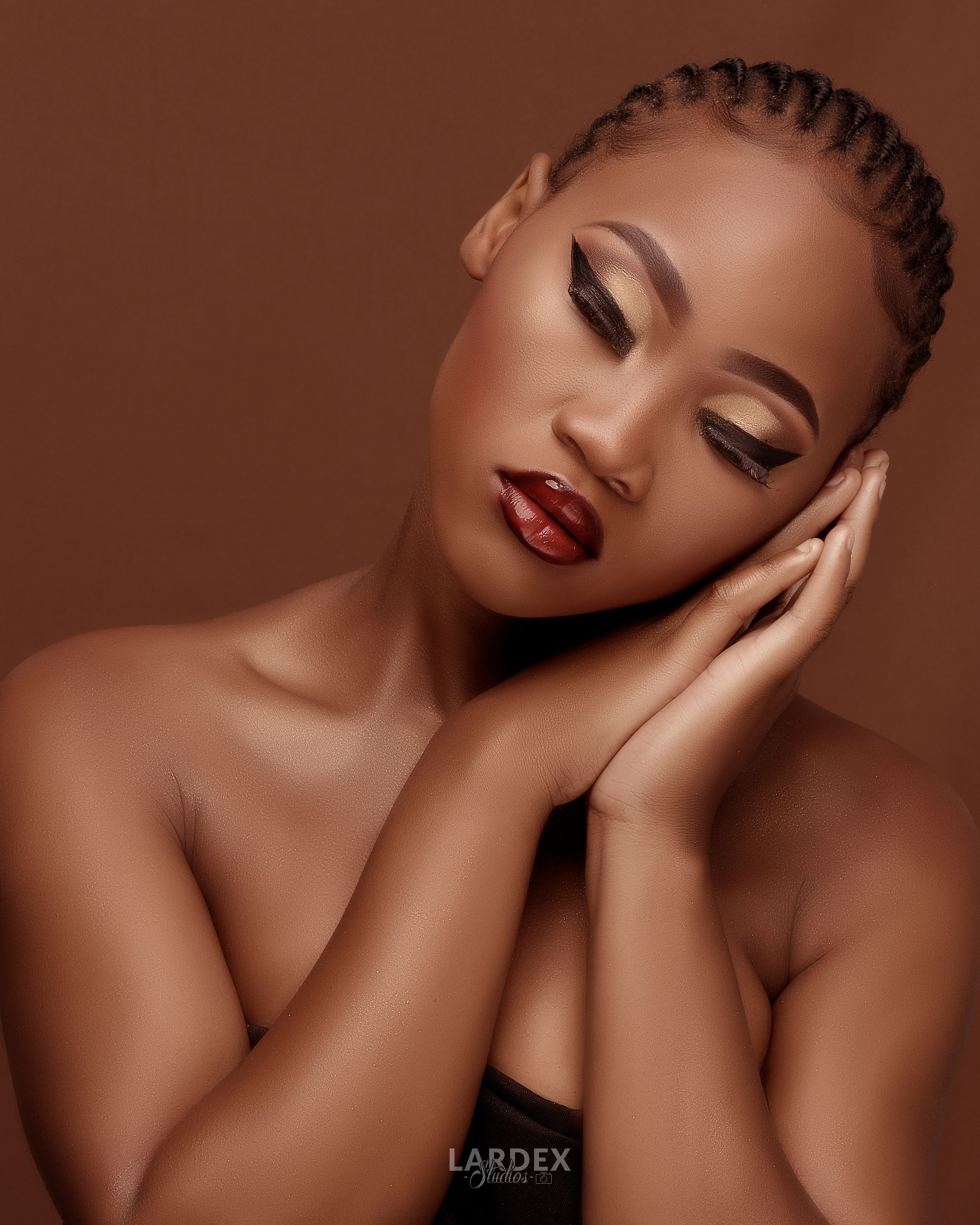 Beauty portrait highlighting glamorous makeup and braided hair against brown background.