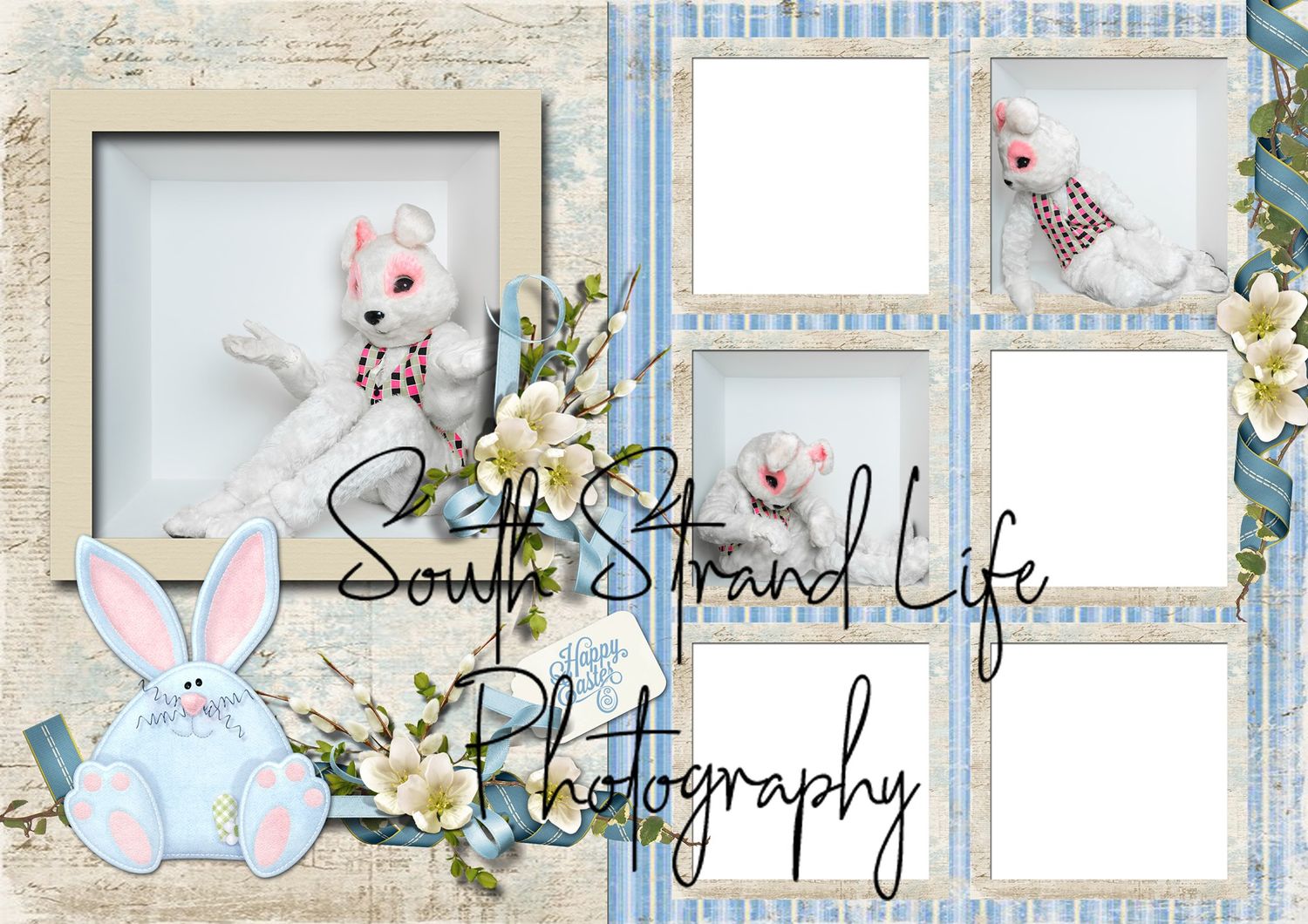 Vintage style scrapbook layout with bunny motif and blue floral frames.