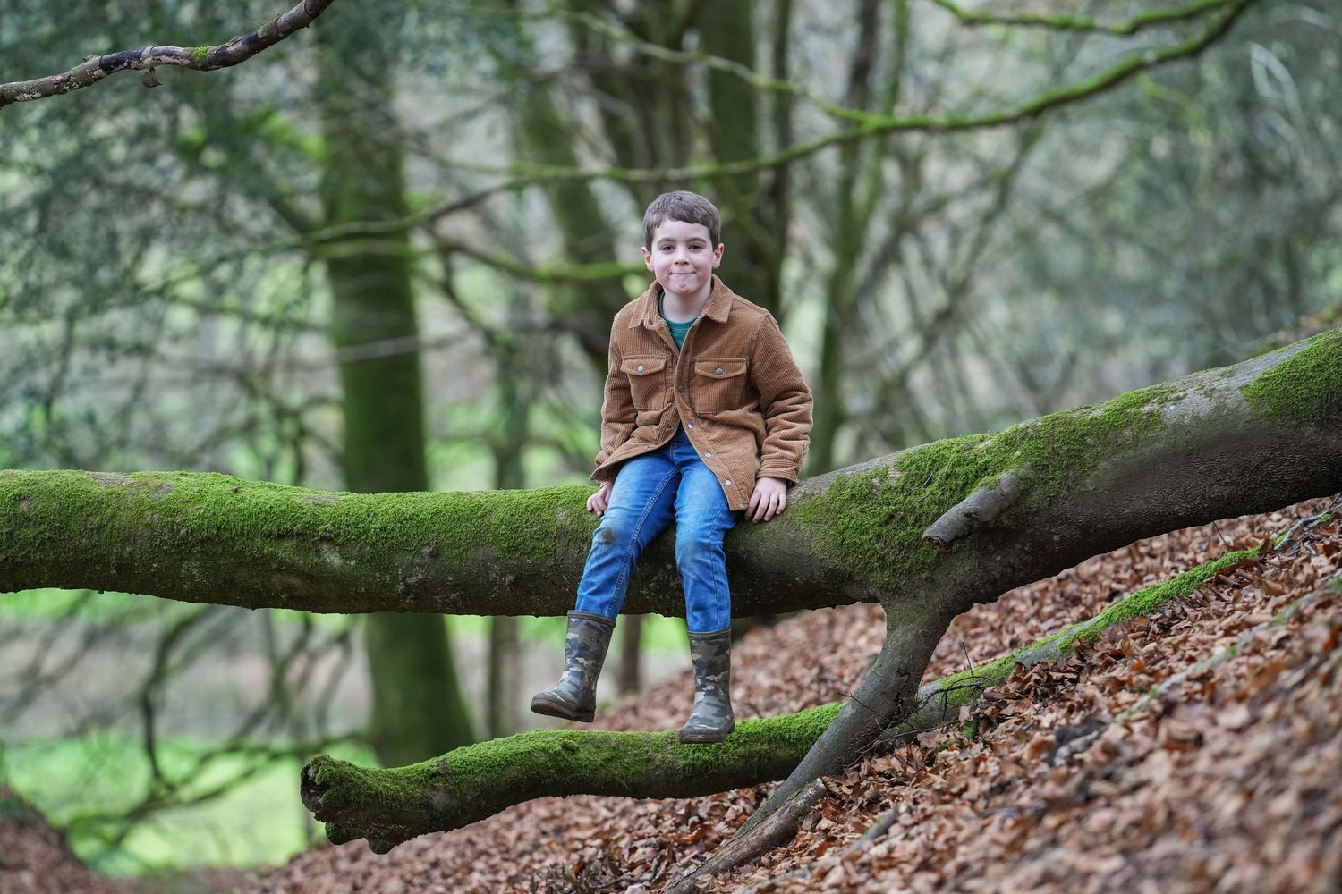 Child sitting on large mossy fallen tree trunk in misty forest.