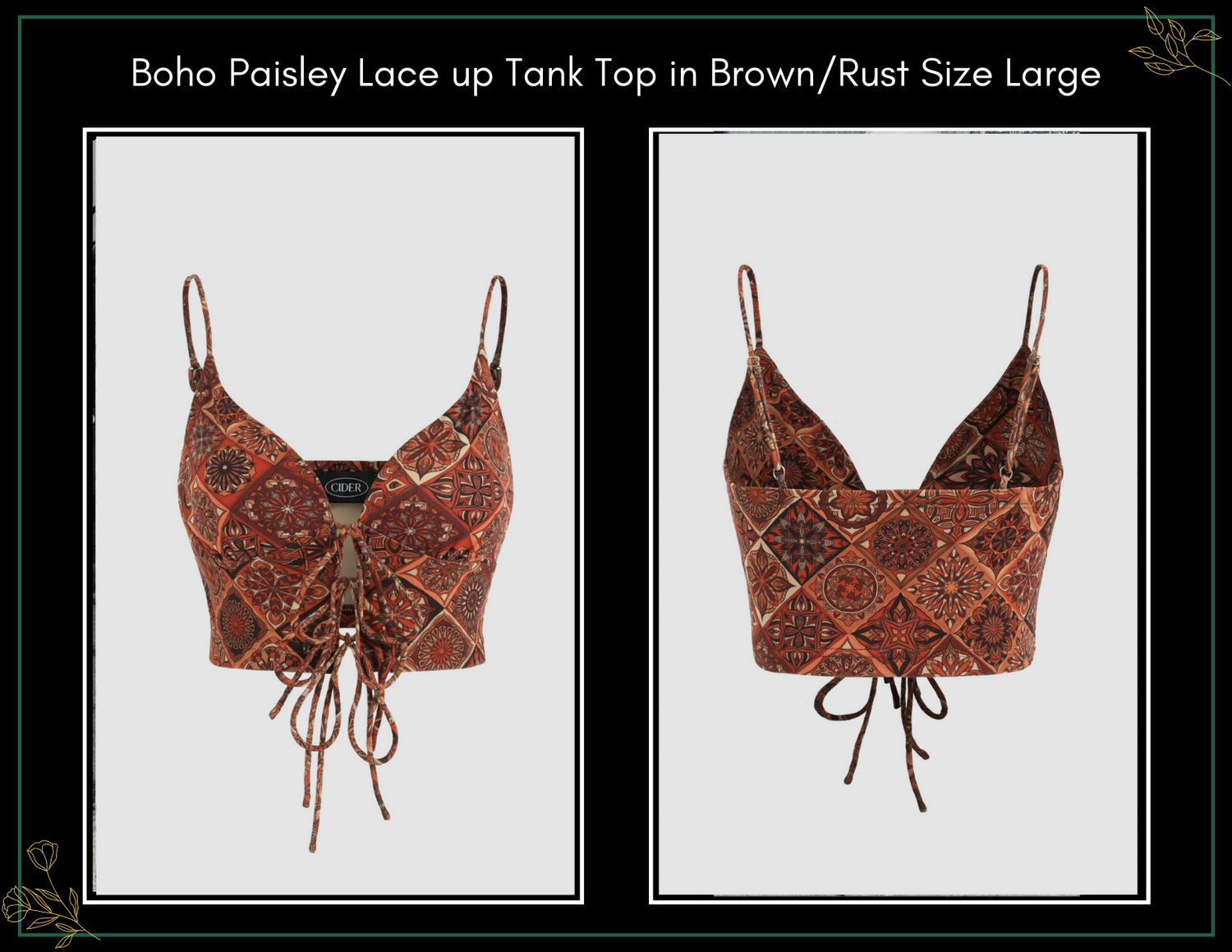 Brown rust boho paisley lace-up crop tank top with tie front detail, shown in two views, size large.