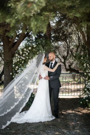 A romantic wedding portrait under towering trees with a flowing lace veil catching the sunlight.