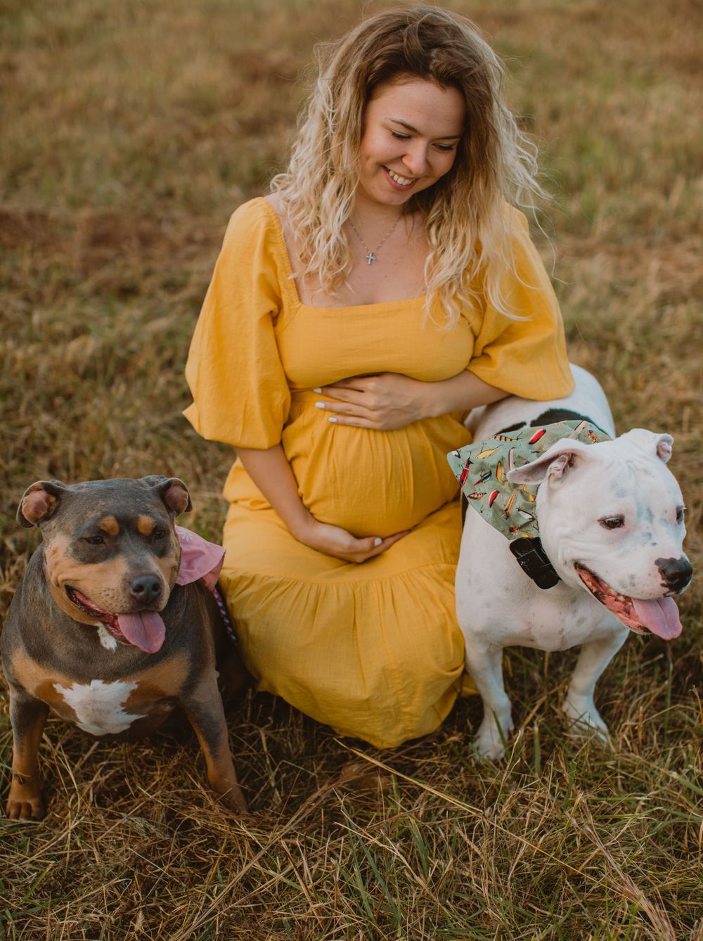 Woman in yellow dress sits with three dogs in grassy field during golden hour.