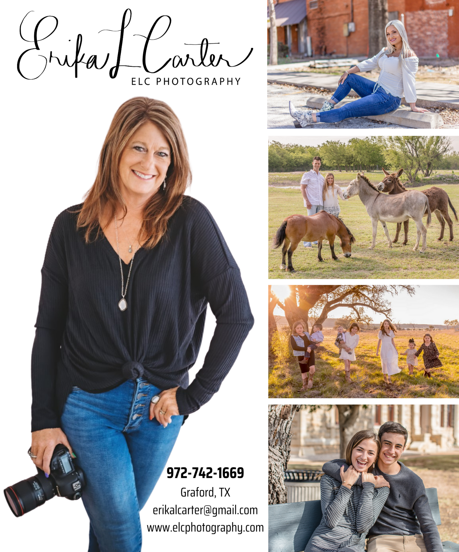Photography business advertisement showing portfolio samples and contact information.