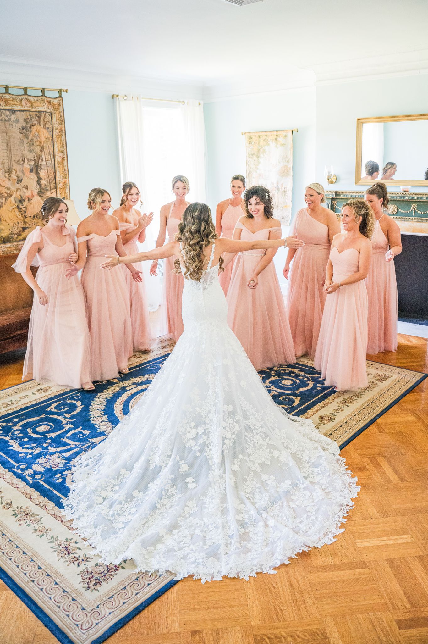Bride's first look with her bridesmaids.