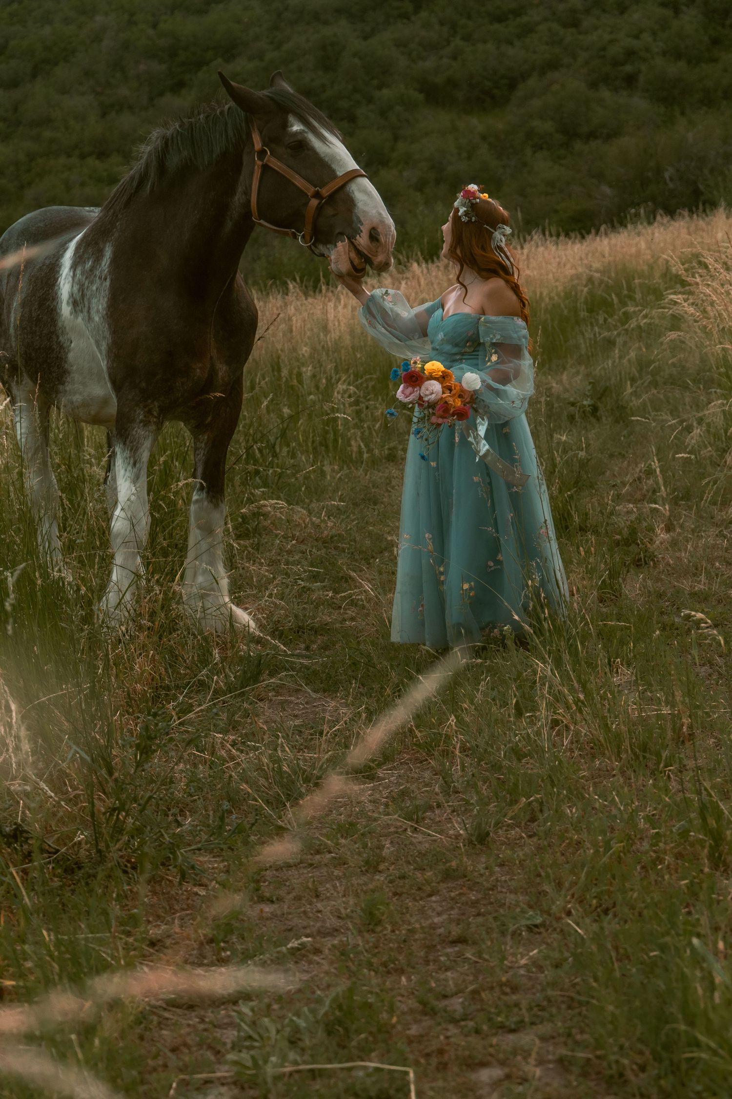 A large draft horse meets someone in a turquoise dress holding flowers in a grassy field.